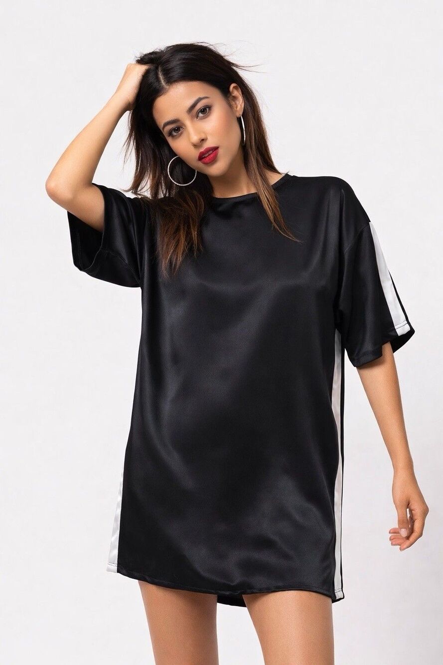 Motel Black Satin Tee Dress Stripe Oversized Y2K Streetwear Size L